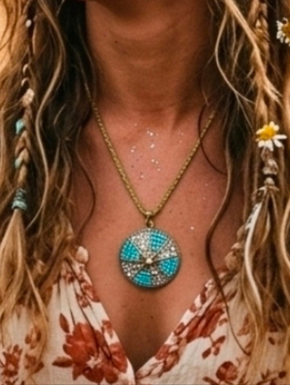 Medallion Necklace Blue & Brown Sparkle Turquoise Blue Pendant